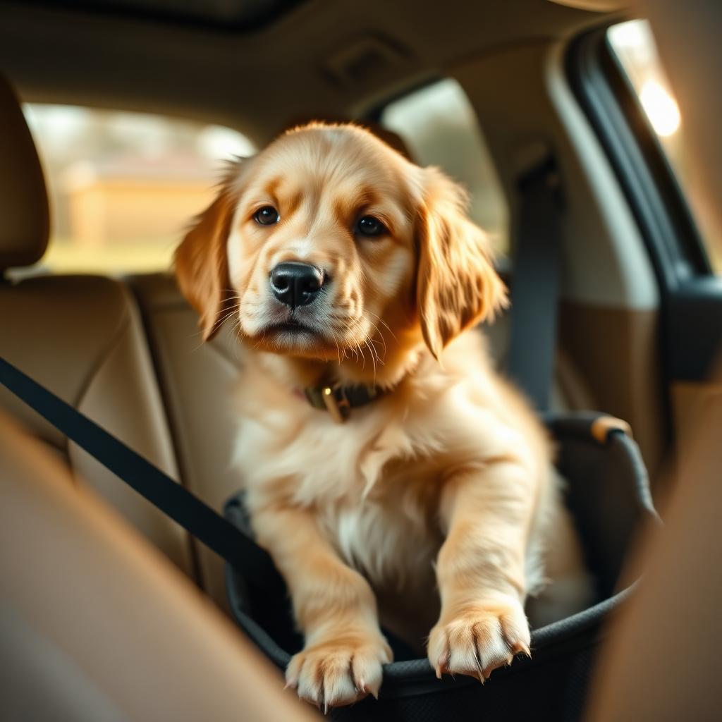 Filhote de golden retriever seguro no carro